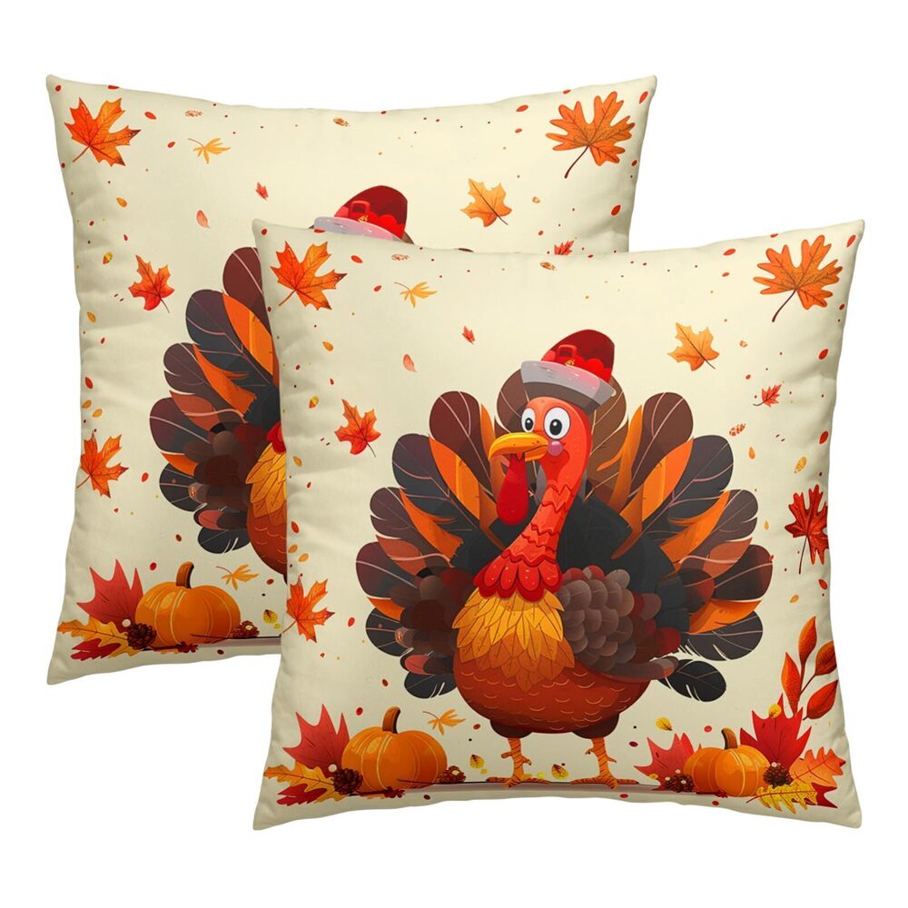 3824 Turkey Pillow Covers 24x24 Set of 2 Happy Thanksgiving Turkey Maple